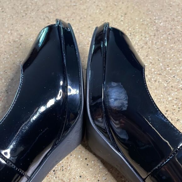 Nine West "Gilded" Black Patent Faux Leather Open Toe Platform Heels sz 8 - Picture 16 of 16